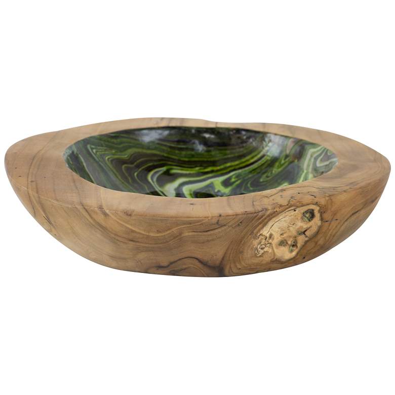 Image 1 11.8" Wide Brown and Green Decorative Teak Bowl w/ Marble Pattern Inte
