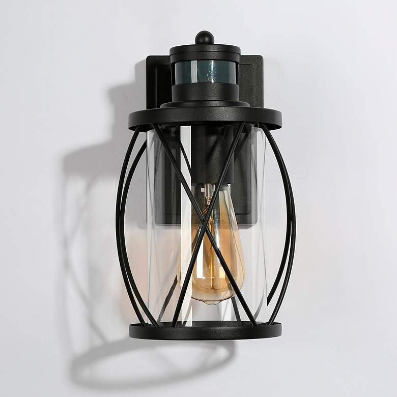 Image 4 11" High Textured Black Motion Sensor Cylinder Metal Outdoor Wall Ligh more views
