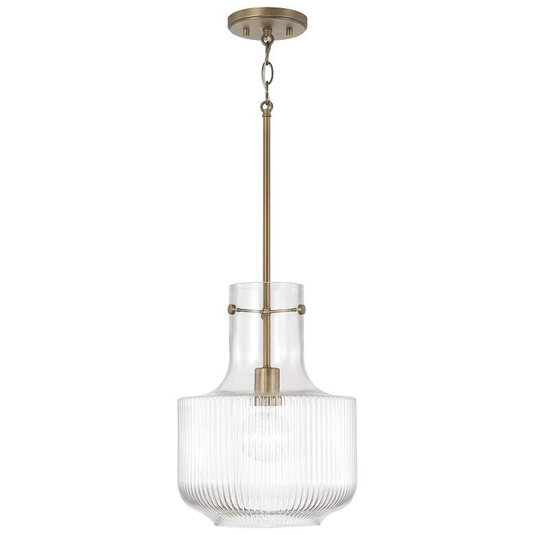 Image 1 11" W x 15" H 1-Light Pendant in Aged Brass with Clear Fluted Gla