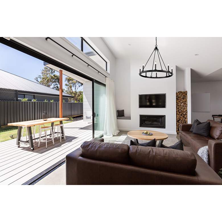 Image 1 Barclay 33" Wide Matte Black 8-Light Wagon Wheel Chandelier in scene