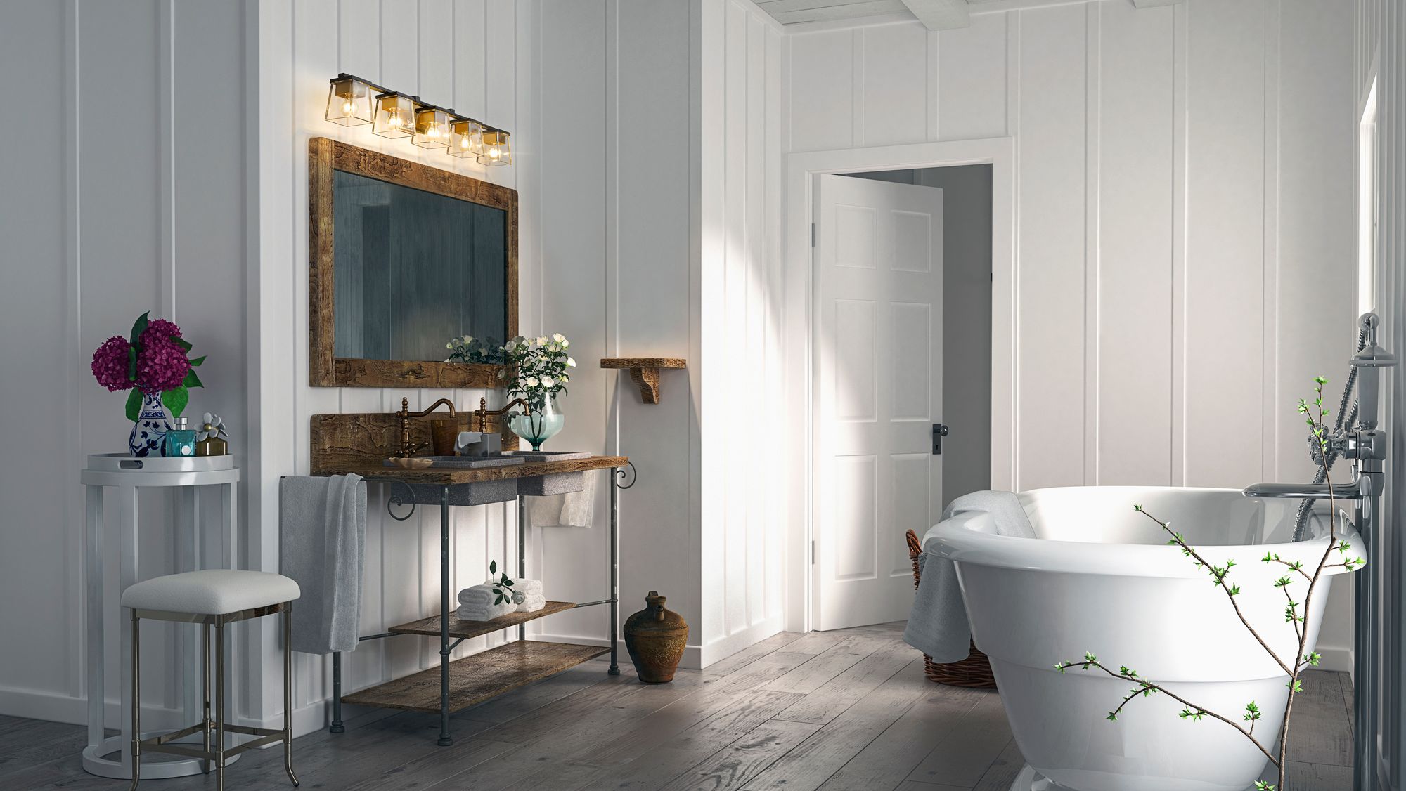 Image 1 Bleeker Street 42 1/2"W Matte Black and Olde Brass 5-Light Bath Light in scene