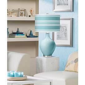 Image1 of Ovo Raindrop Blue Bold Stripe Shade Modern Table Lamp in scene