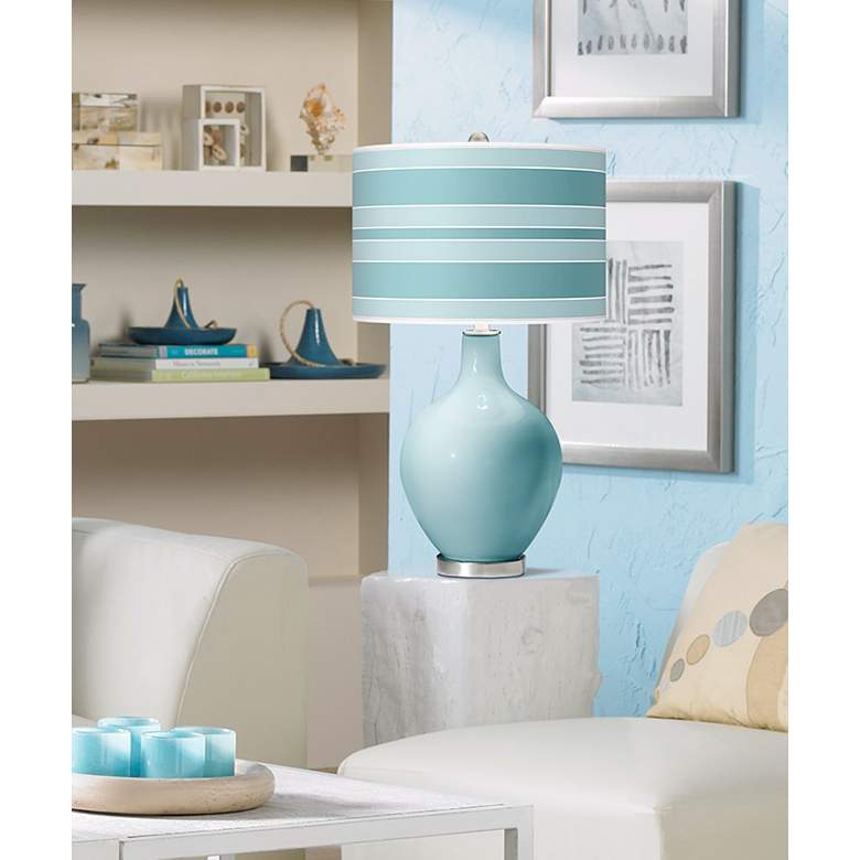 Image 1 Ovo Raindrop Blue Bold Stripe Shade Modern Table Lamp in scene