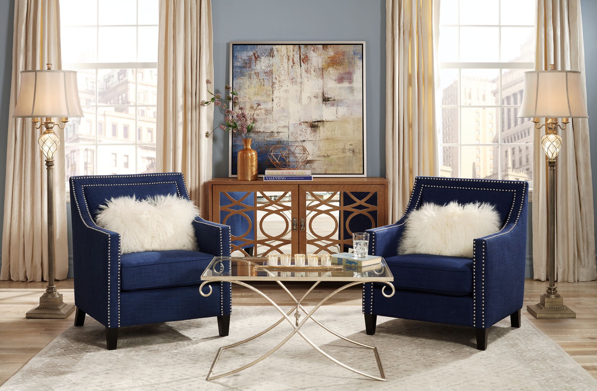 blue upholstered arm chair