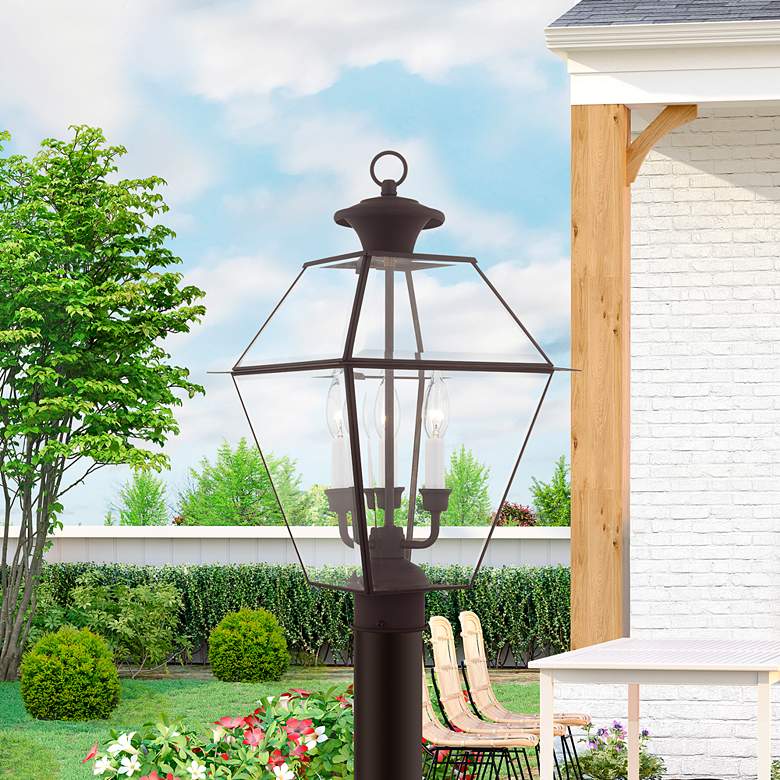 Image 1 Westover 22 inch High Bronze Finish Clear Glass Outdoor Lantern Post Light in scene