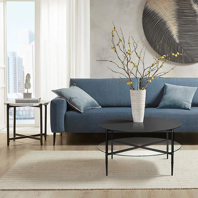 Image 1 Caroline 33 3/4" Wide Black Glass Round Coffee Table in scene