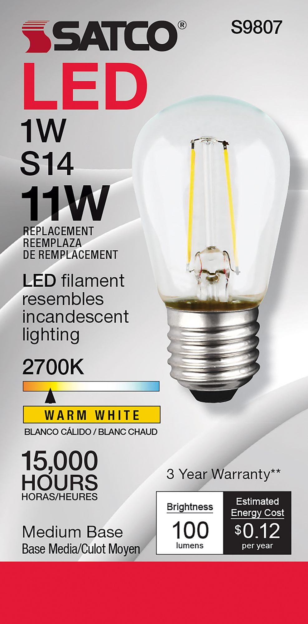 Image 3 11W Equivalent Satco Clear 1W LED Non-Dimmable Standard Bulb more views