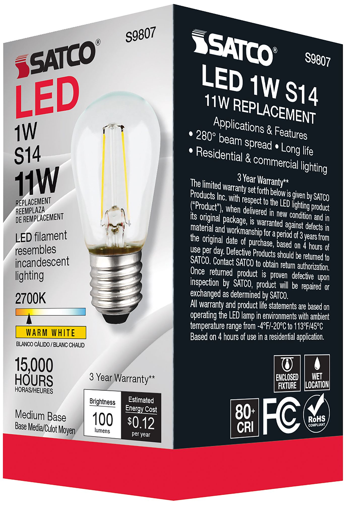 Image 7 11W Equivalent Satco Clear 1W LED Non-Dimmable Standard Bulb more views