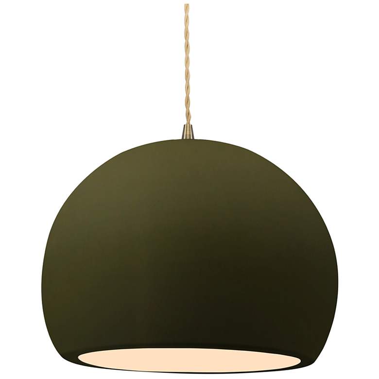 Image 1 12.25"W Matte Green Frame Antique Brass Large Globe Cord LED Pendant