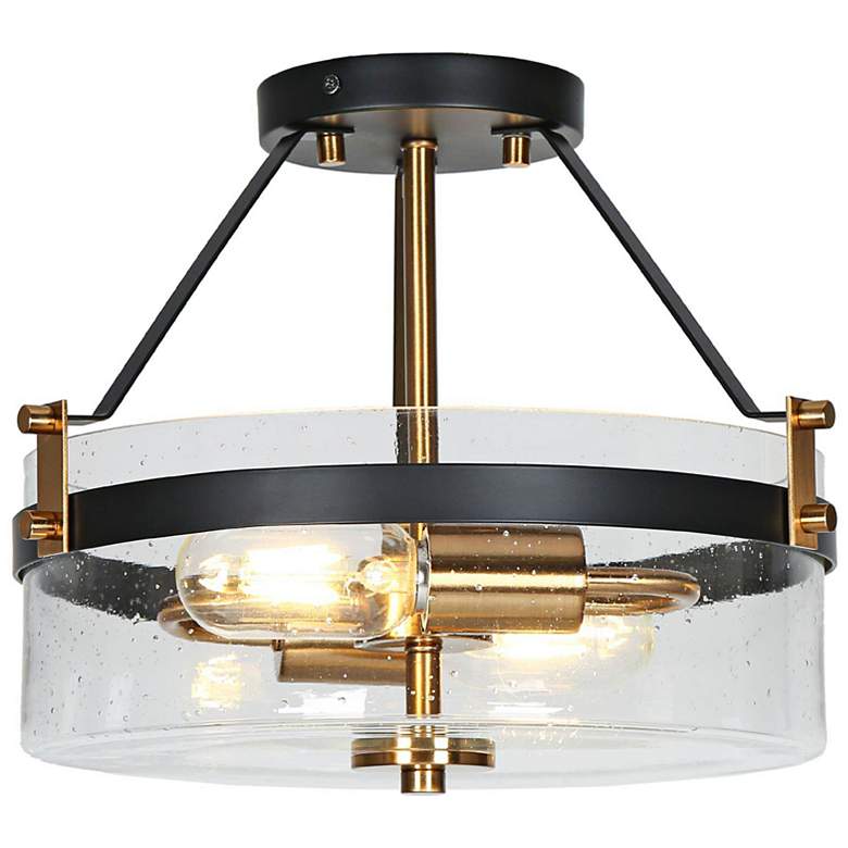 Image 1 12.5" Wide 2-Light Black Brass Drum Seeded Glass Ceiling Light