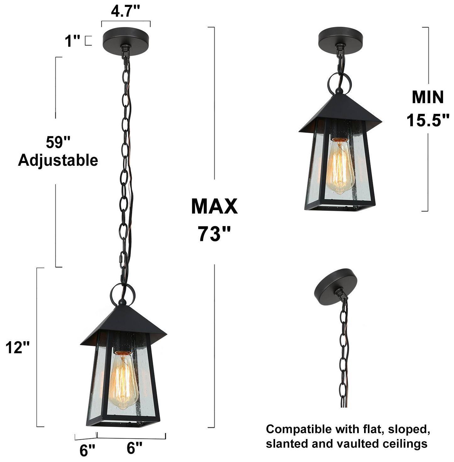 Image 5 12" High 1-Light Black Seeded Glass Outdoor Pendant Light more views