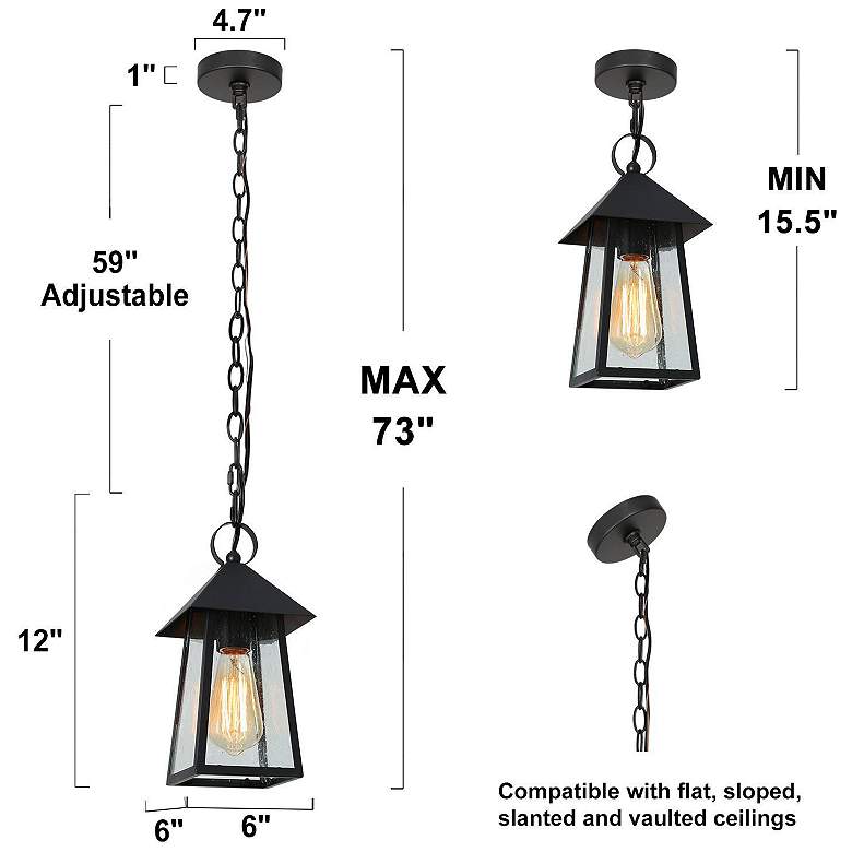 Image 5 12" High 1-Light Black Seeded Glass Outdoor Pendant Light more views