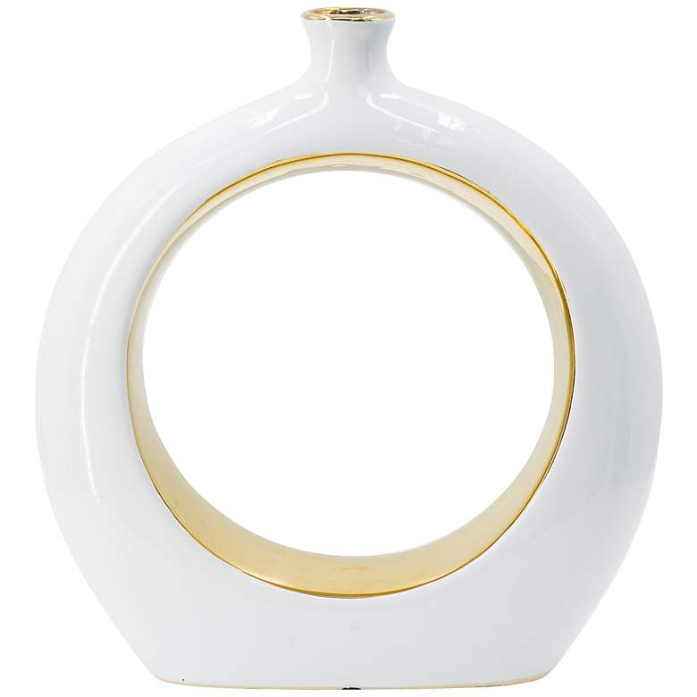 Image 1 12 inch High White and Gold Open Center Circular Vase