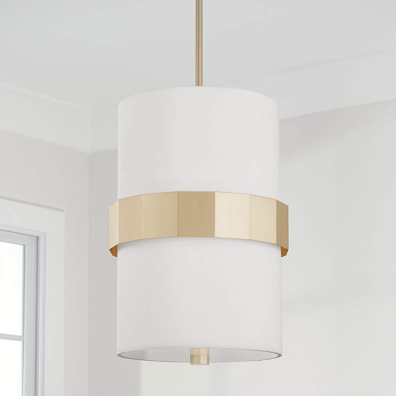 Image 1 12" W x 18" H 2-Light Drum Pendant in Soft Gold with White Fabric