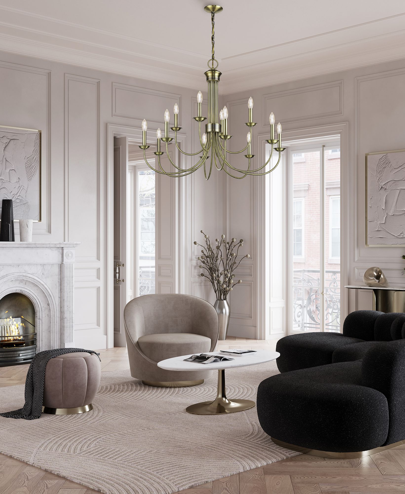 12 Light Antique Brass Large 2-Tier Chandelier