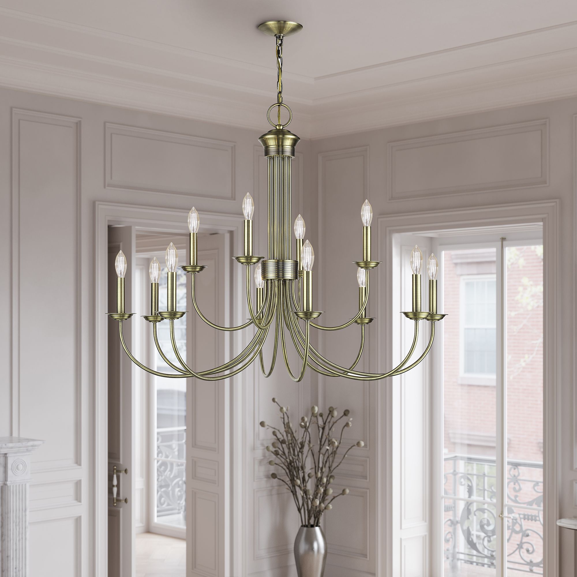 12 Light Antique Brass Large 2-Tier Chandelier