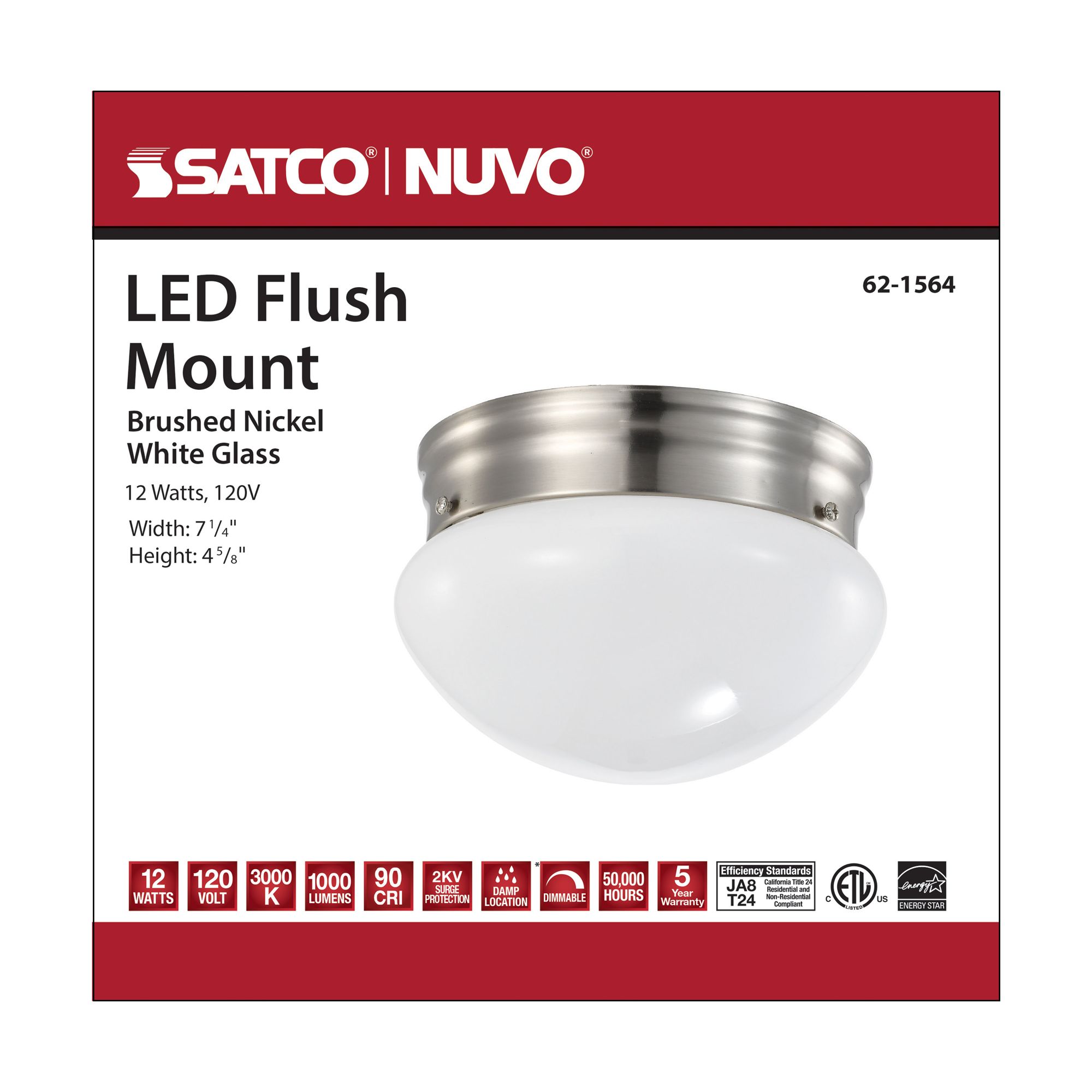Image 7 12 Watt; 7 inch; LED Flush Mount Fixture; 3000K; Dimmable; Brushed Nickel more views