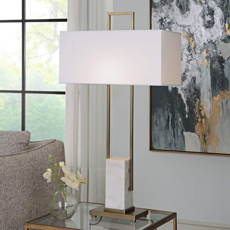 Image 1 Uttermost Column Plated Brass and Marble Table Lamp in scene