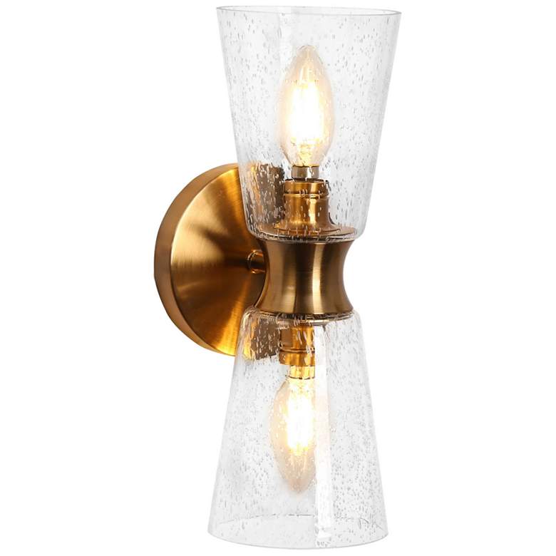 Image 1 13.4" Wide Brass Tube-Shaped 2-Light Vanity Light with Clear Glass Sha