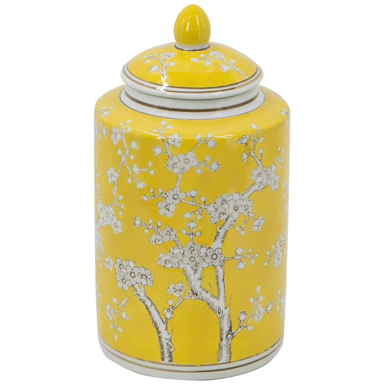 Image 1 13.5 inch High Yellow and White Plum Blossom Lidded Jar