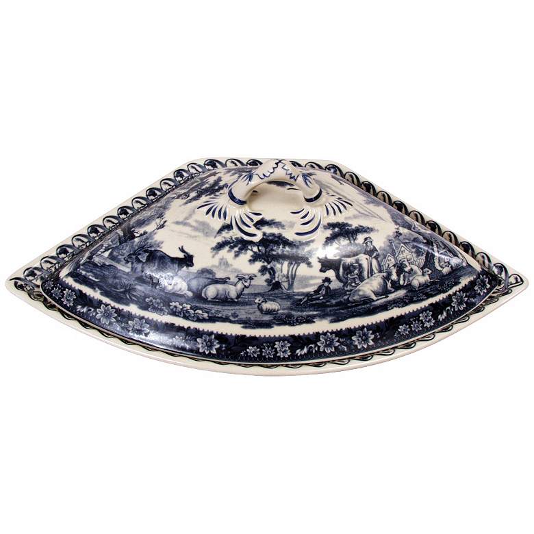 Image 1 13 1/2 inch Wide Blue and White Porcelain Tureen