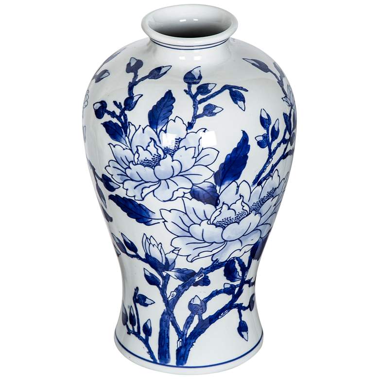 Image 1 13" High Blue and White Curved Porcelain Magnolia Vase
