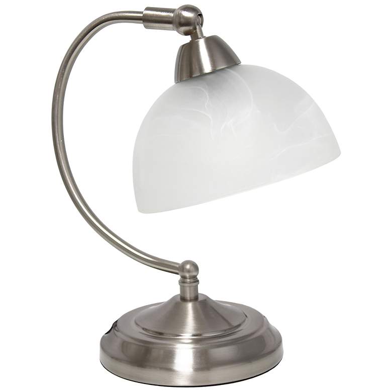 Image 1 13" Mini Bankers Table Lamp with Marbleized Dome Shade, Brushed Nickel