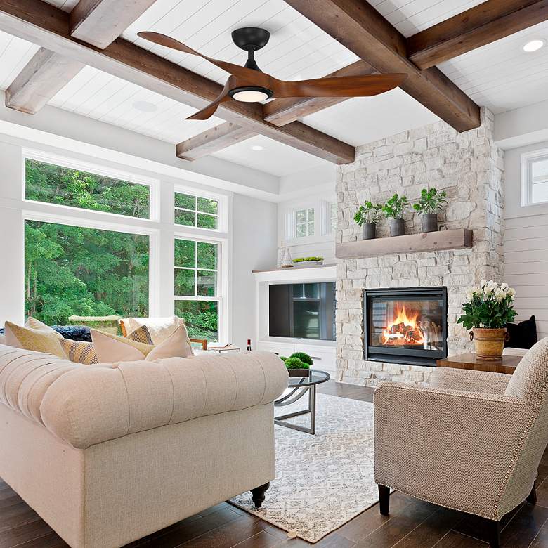 Image 1 54" WAC Swirl Matte Black LED Wet Rated Smart Control Ceiling Fan in scene