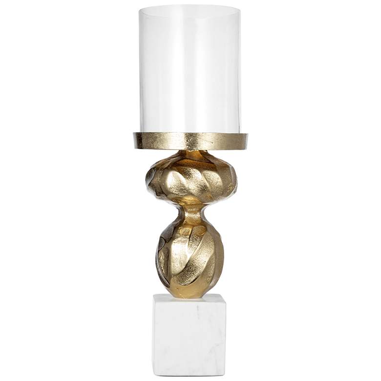 Image 1 14.2" Gold & White Aluminum & Glass Diamond Stem Hurricane