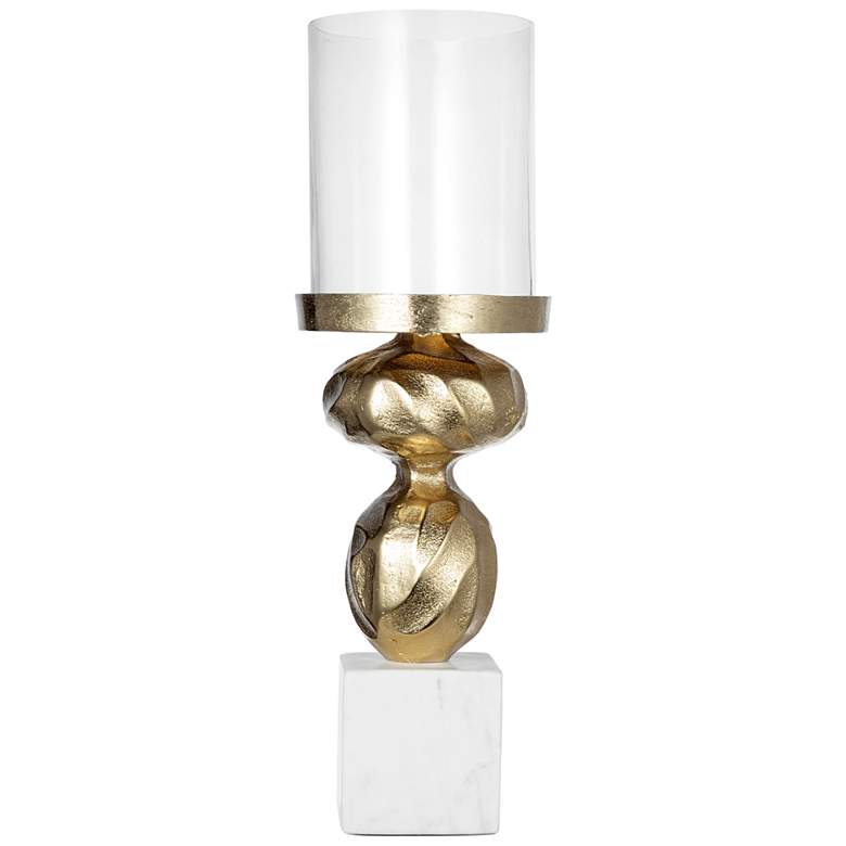 Image 1 14.2 inch Gold &#38; White Aluminum &#38; Glass Diamond Stem Hurricane