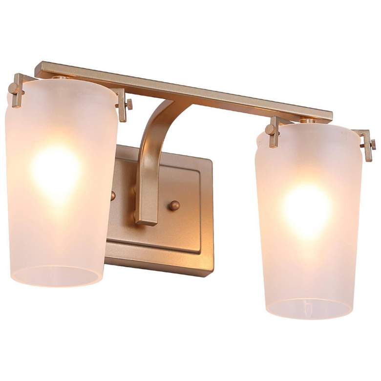 Image 1 14.2" Wide Gold 2-Light Vanity Light with Frosted Glass Shades