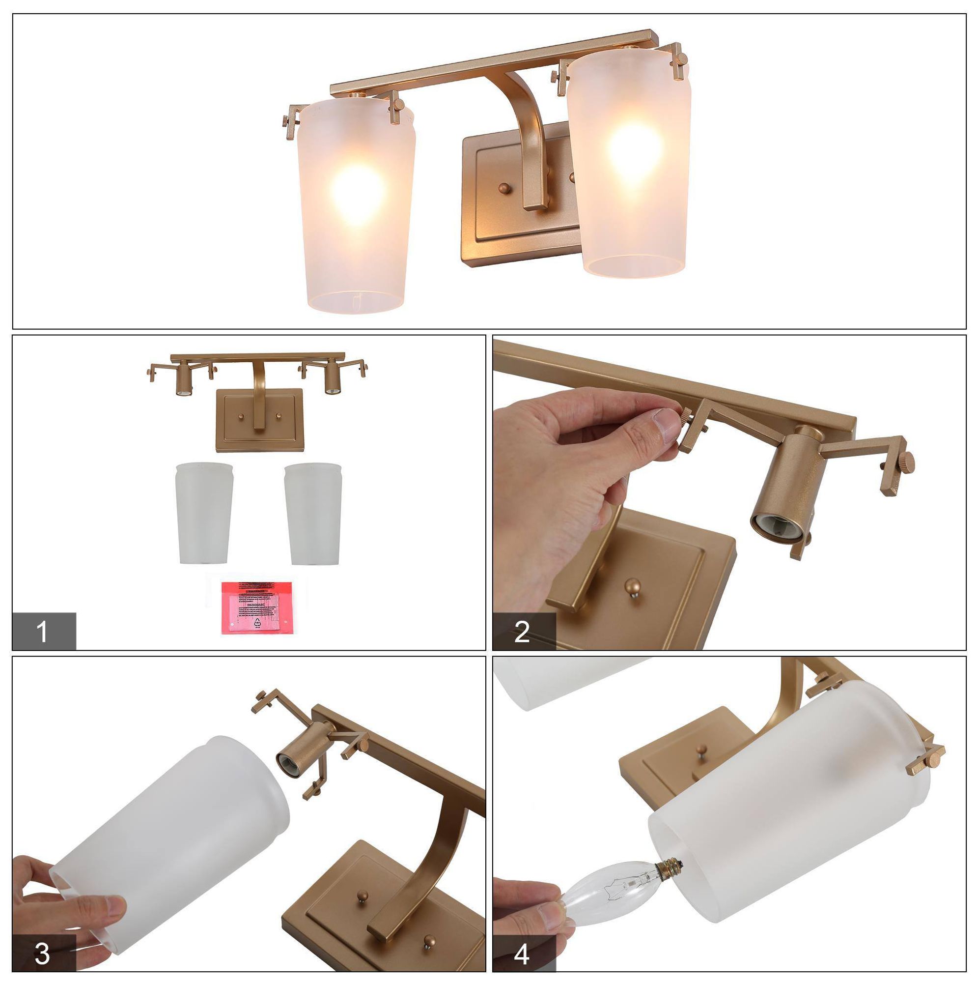 Image 6 14.2" Wide Gold 2-Light Vanity Light with Frosted Glass Shades more views