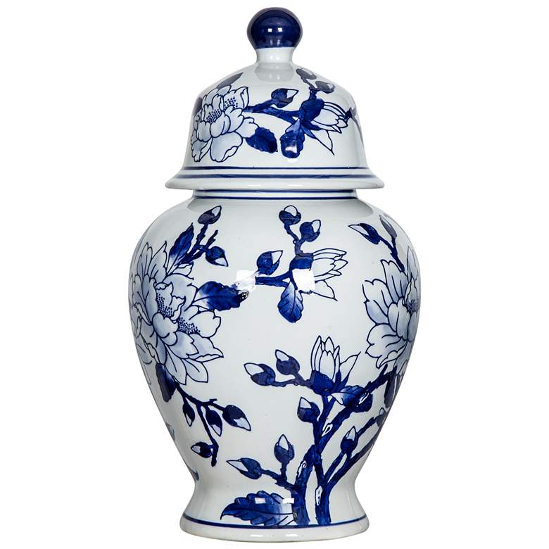 Image 1 14.4" High Blue and White Magnolia Pattern Ginger Jar