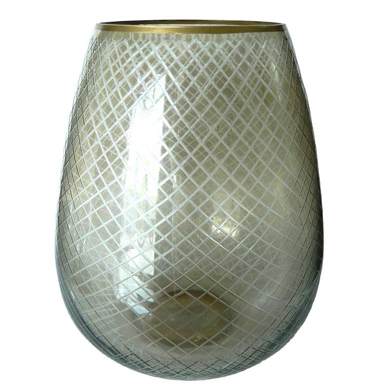 Image 1 14.5" High Cross-Cut Green and Gold Glass Metallic Rimmed Candle Holde