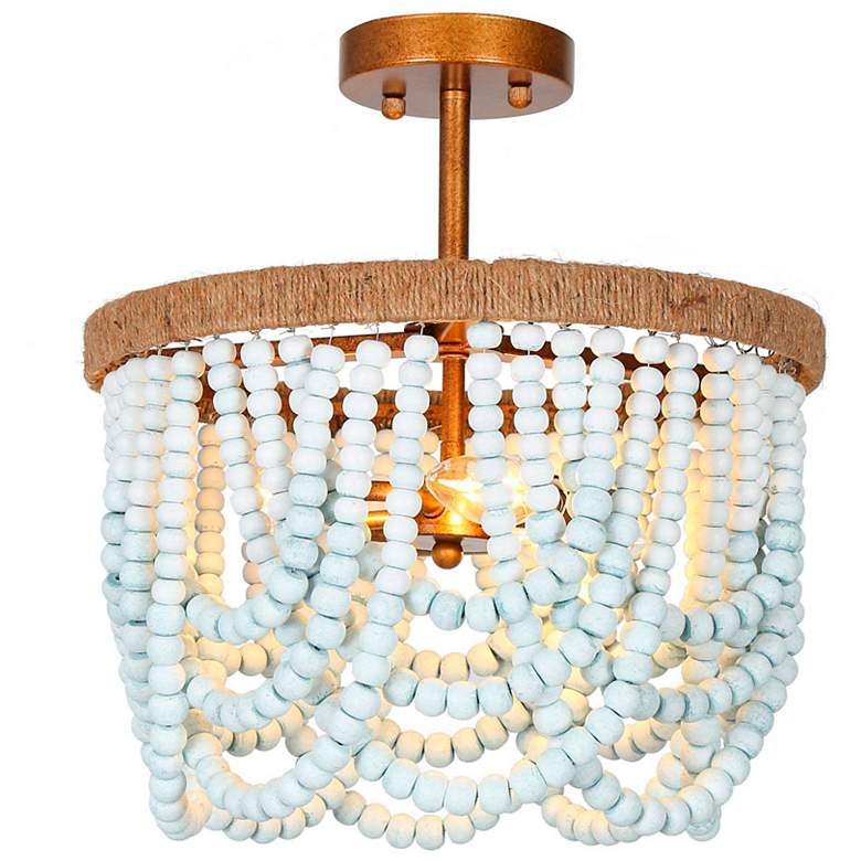 Image 1 14.5" Wide 3-Light Brass Wood Beaded Ceiling Light with Hemp