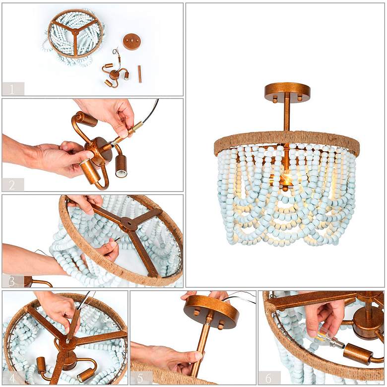 Image 7 14.5" Wide 3-Light Brass Wood Beaded Ceiling Light with Hemp more views