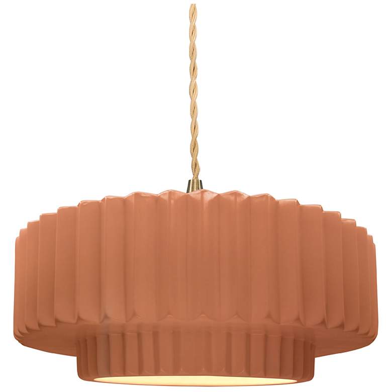Image 1 14.5"W Adobe Frame Brushed Brass Tier Pleated Beige Twisted Pendant