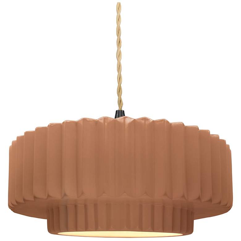 Image 1 14.5"W Adobe Frame Matte Black Tier Pleated Beige Twisted LED Pendant