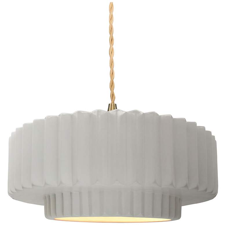 Image 1 14.5"W Bisque Frame Brushed Brass Tier Pleated Beige Twisted LED Penda