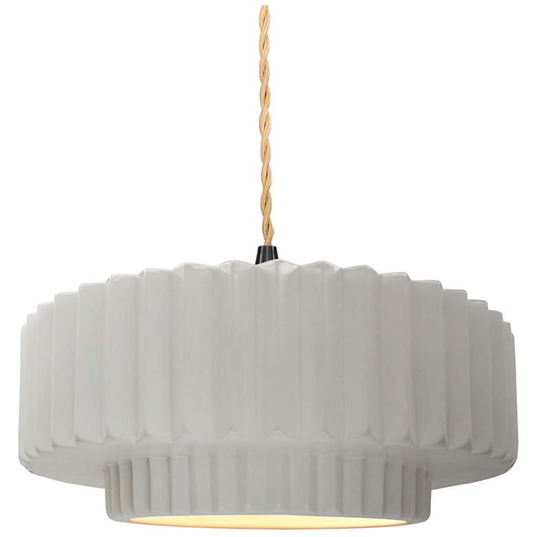Image 1 14.5"W Bisque Frame Matte Black Tier Pleated Beige Twisted LED Pendant