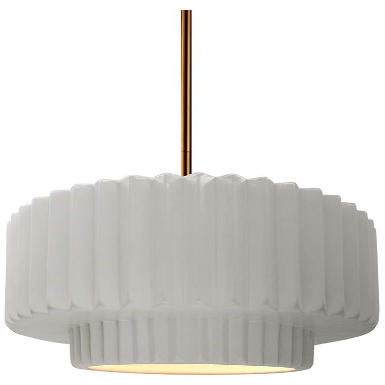 Image 1 14.5"W Bisque Frame Polished Brass Tier Pleated Rigid Stem Kit Pendant