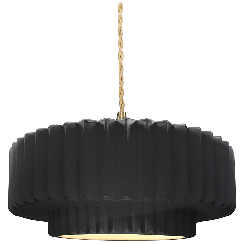 Image 1 14.5"W Black/White Frame Brushed Brass Tier Pleated Twisted LED Pendan