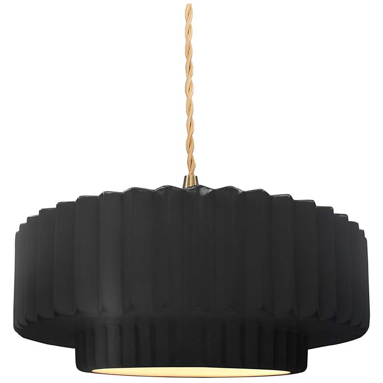 Image 1 14.5"W Carbon Frame Brushed Brass Tier Pleated Beige Twisted LED Penda