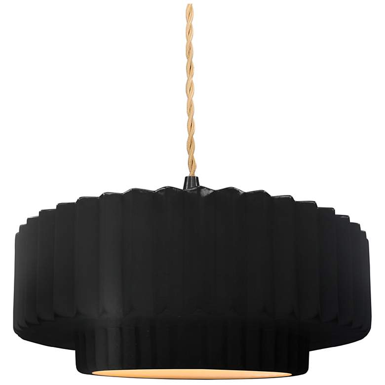 Image 1 14.5"W Carbon/Gold Frame Matte Black Tier Pleated Beige Twisted LED Pe