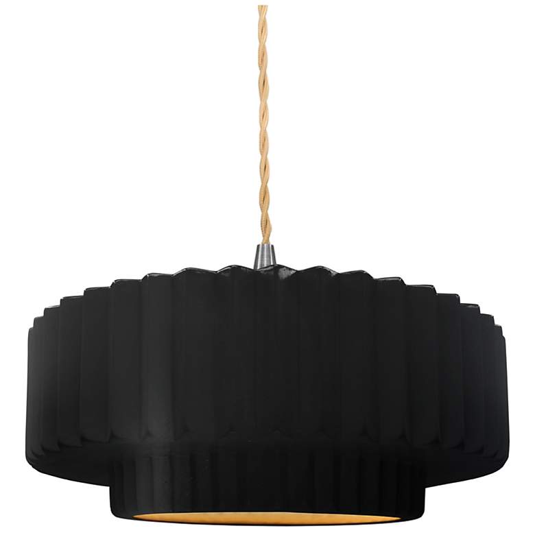 Image 1 14.5"W Carbon/Gold Frame Nickel Tier Pleated Beige Twisted LED Pendant