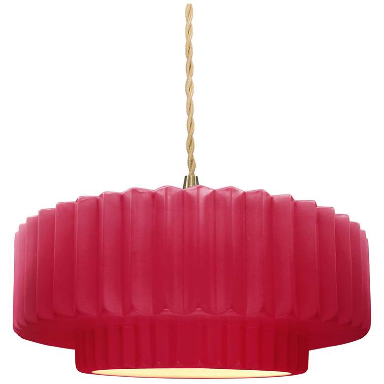 Image 1 14.5"W Cerise Frame Brushed Brass Tier Pleated Beige Twisted LED Penda