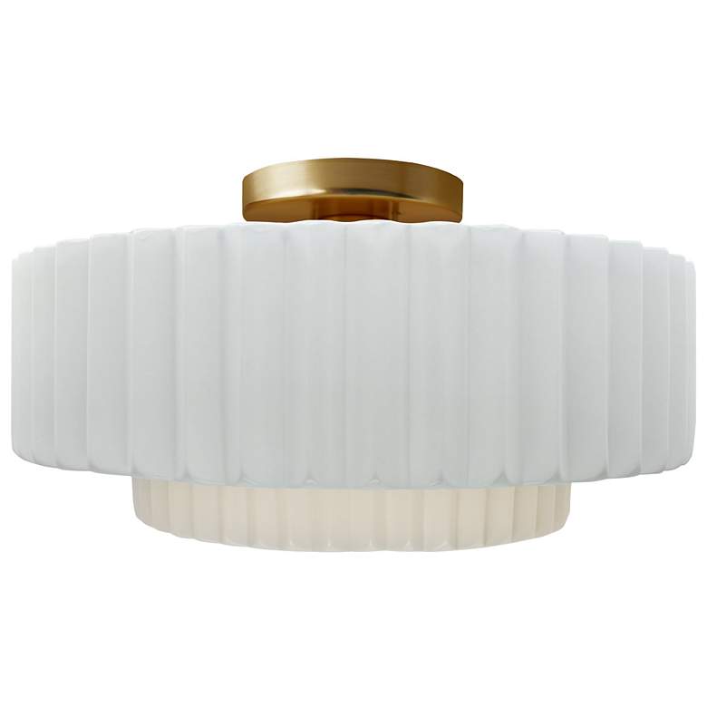 Image 1 14.5"W Gloss White Sided Frame Brushed Brass Tier Pleated LED Semi.Flu