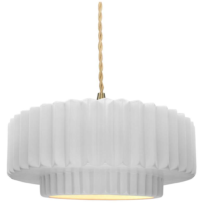 Image 1 14.5"W Gloss White Sided Frame Brushed Brass Tier Pleated Twisted Pend