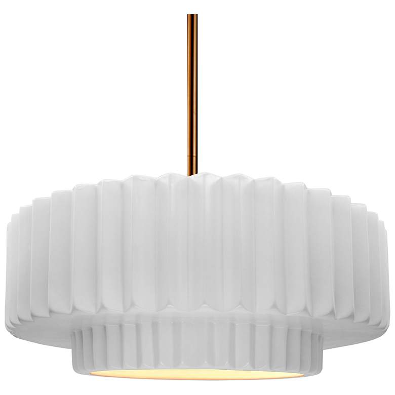 Image 1 14.5"W Gloss White Sided Frame Polished Brass Tier Pleated Stem Pendan