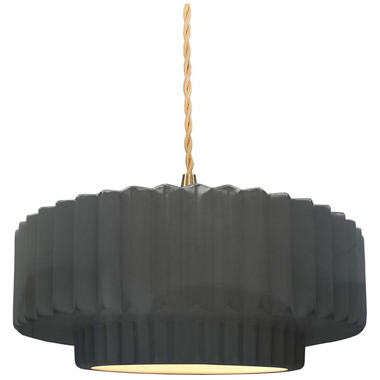 Image 1 14.5"W Grey Frame Brushed Brass Tier Pleated Beige Twisted LED Pendant